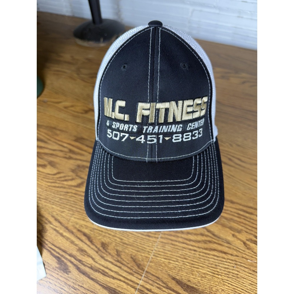 M.C. Fitness Hat Cap Fitted Mens 7 1/8-8 Black White‎ Trucker Mesh Embroidered